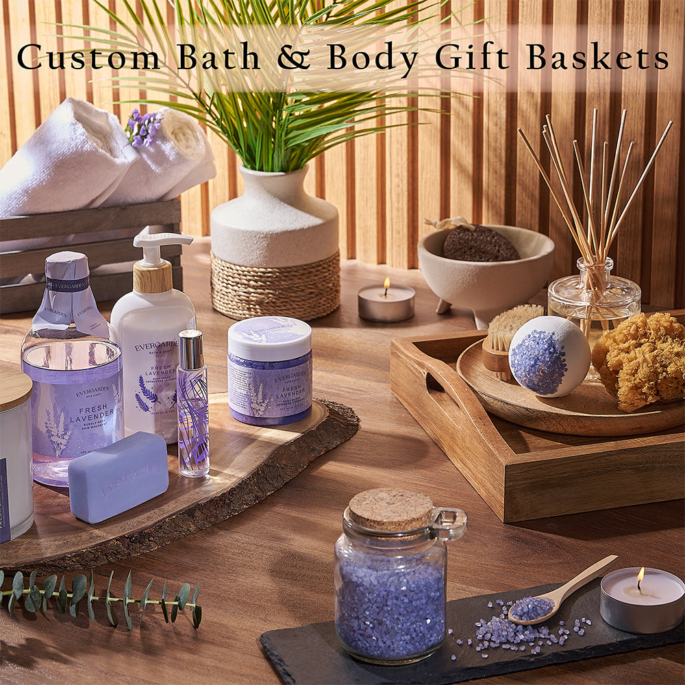 Custom Bath and Body Gift Baskets. Create a tailored gift filled with their favorite spa items, delicious treats, and optional bottles of wine or champagne - Boston Baskets