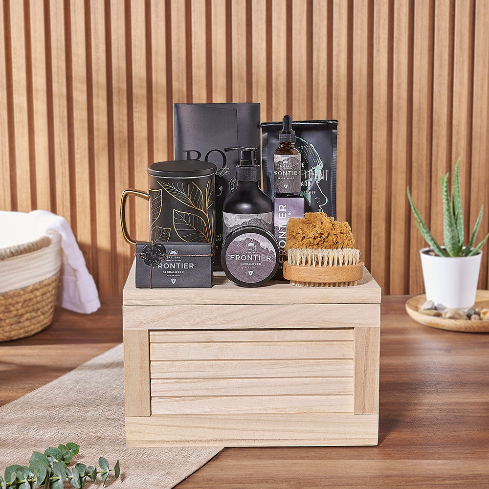 Men's Wooden Crate Spa Set with Sandalwood Care and Gourmet Chocolate – how the gift is presented