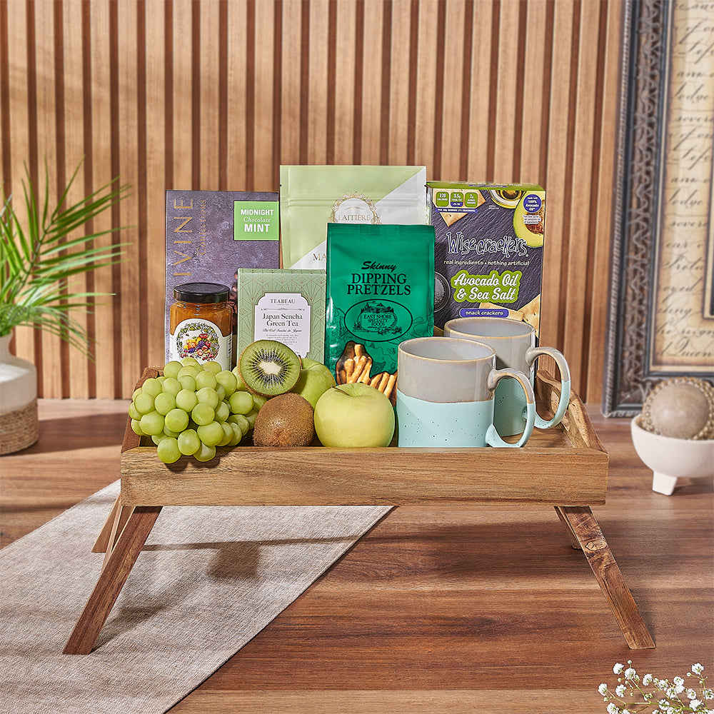 Premium Wooden Bed Tray Gift Basket Featuring Gourmet Foods – how the gift is presented