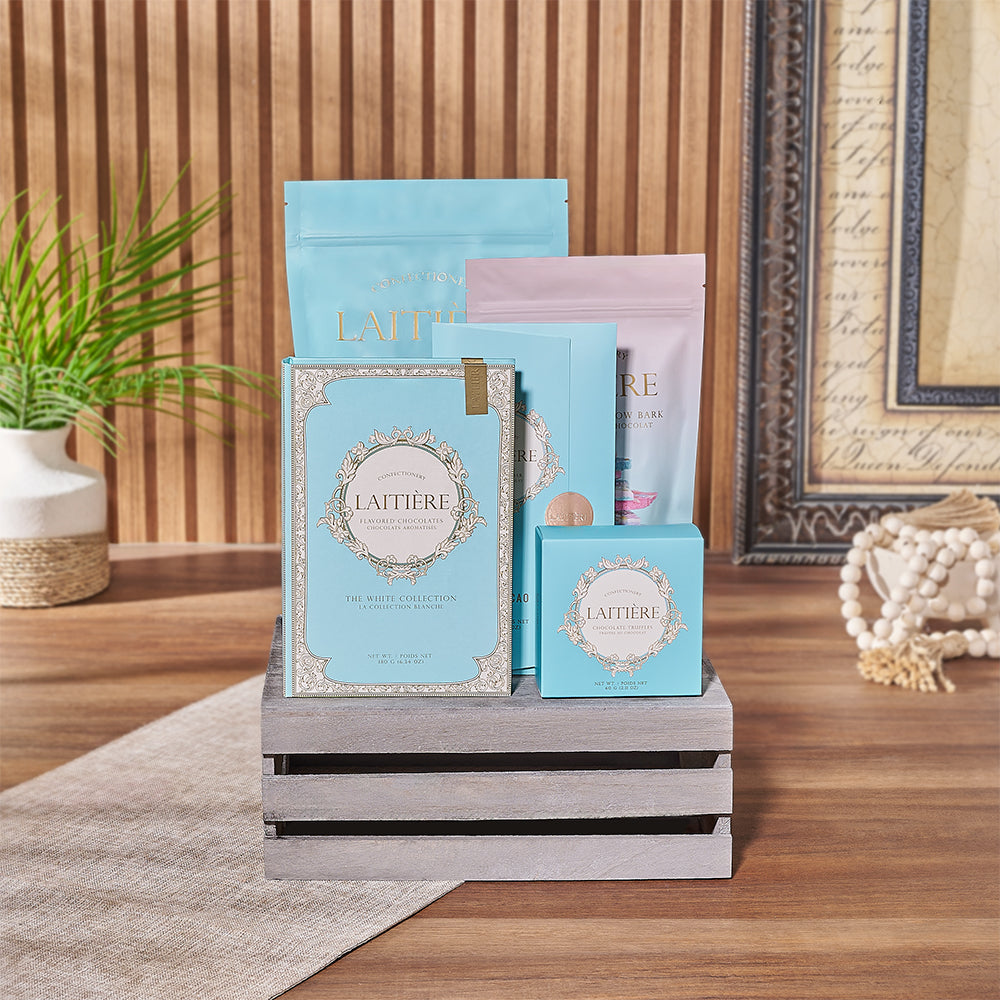 Gourmet Chocolate Collection Gift Basket in Elegant Wooden Crate – how the gift is presented