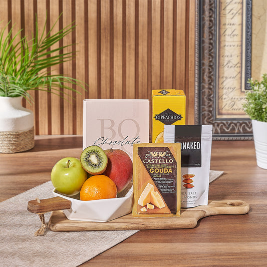 Elevate your next gathering with the gourmet delights found in the Fresh & Fruity Gift Basket, or send it as a heartfelt gift to your loved ones, Boston delivery