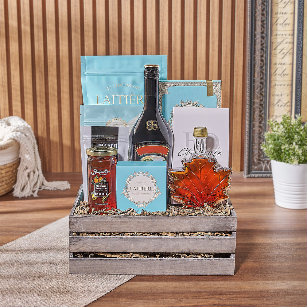Wooden Crate Liquor Gift Basket with Gourmet Chocolates and Maple – how the gift is presented