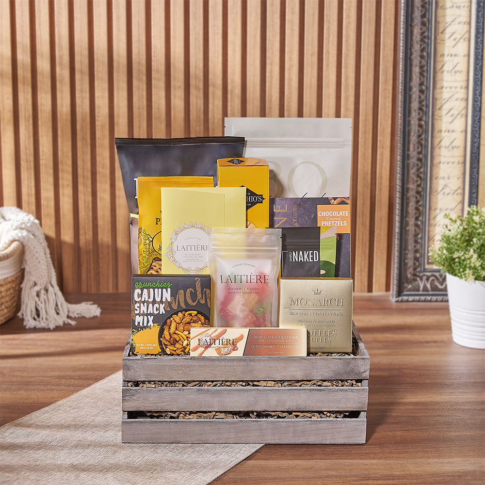 Deluxe Snack Assortment Gift Basket in Grey Wooden Crate – how the gift is presented