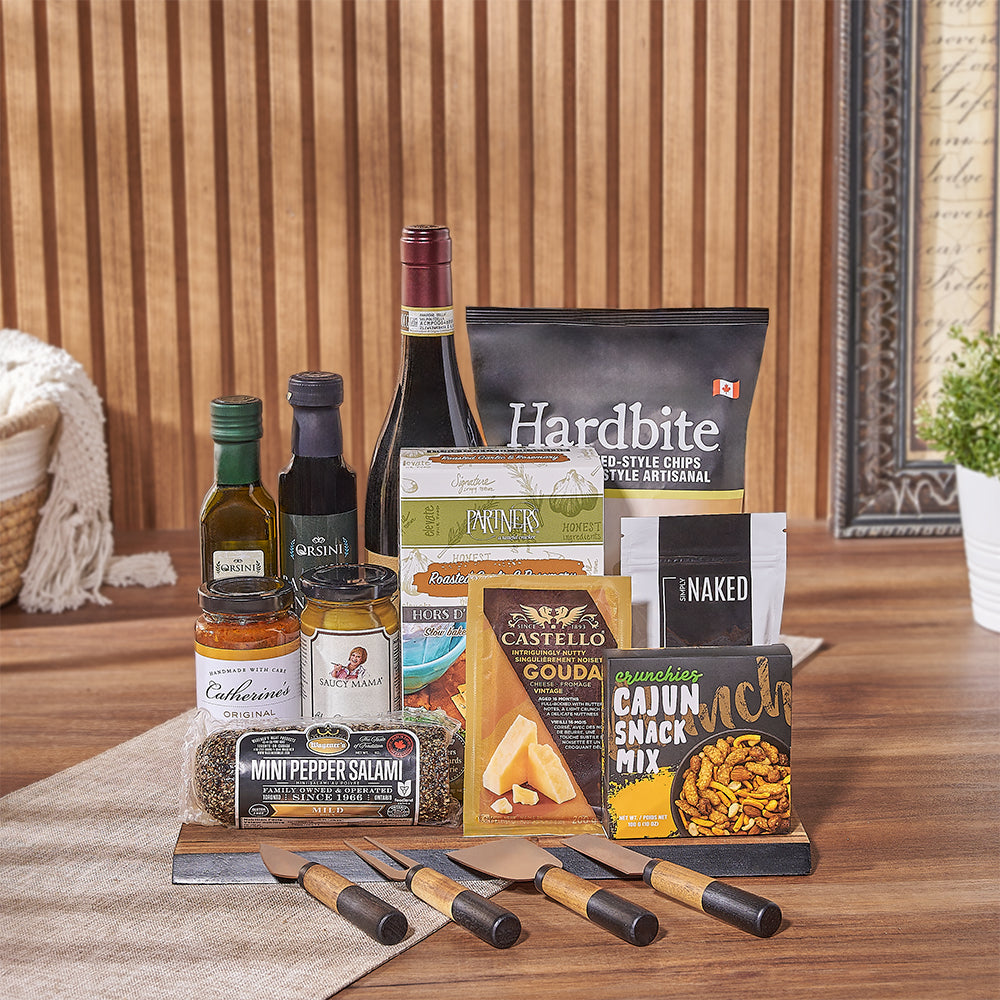 Deluxe Wine Gift Basket Featuring Natural Chips and Artisan Cheeses – how the gift is presented