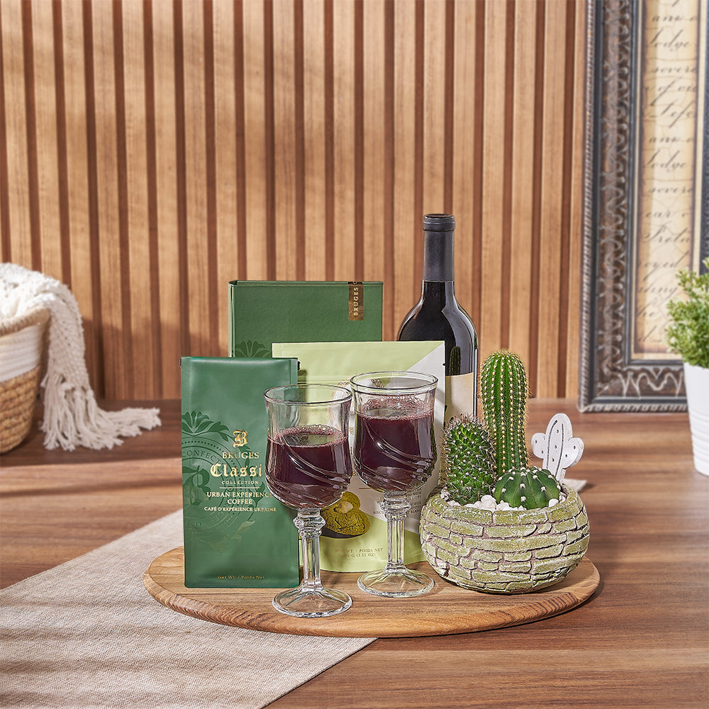 Welcome Home Wine Gift Basket with Cacti and Gourmet Snacks – how the gift is presented