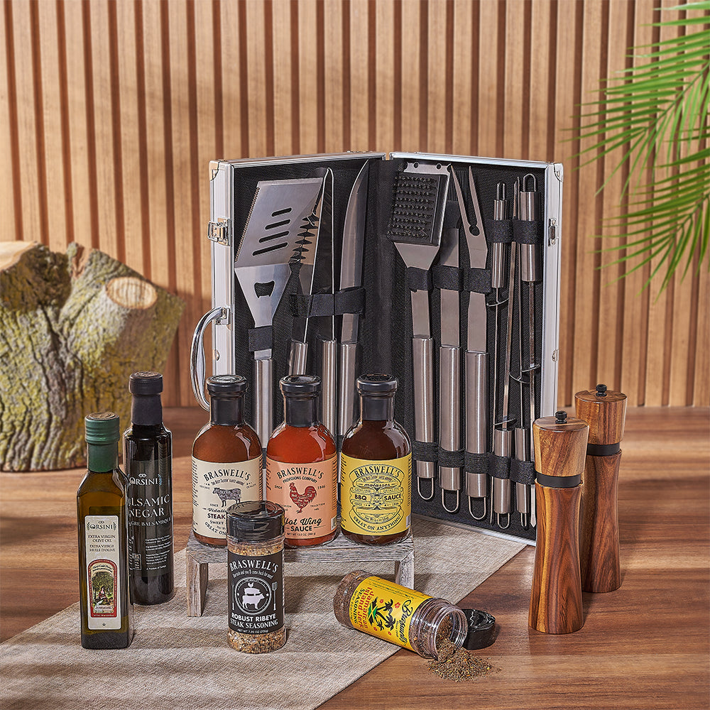Grill Master Gift Basket with Olive Oil and Spices – how the gift is presented