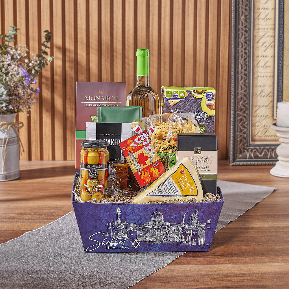 Kosher Wine & Asiago Cheese Gift Basket with Hanukkah Gourmet Treats – how the gift is presented