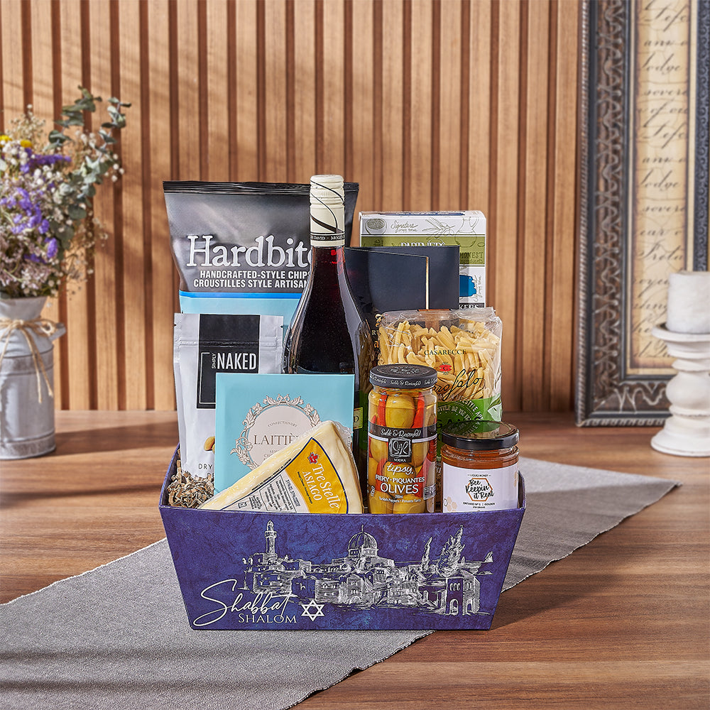 Blue Shabbat Shalom Tray with Kosher Wine and Artisan Snacks Gift Basket – how the gift is presented