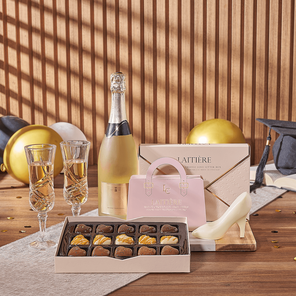 Sparkling Wine Gift Basket for Graduation with Marble Board and Chocolates – how the gift is presented