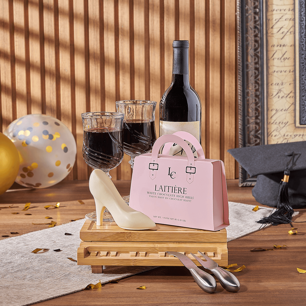 Grand Piano Bamboo Cheese Board with Wine & White Chocolate Heels Gift Basket – how the gift is presented