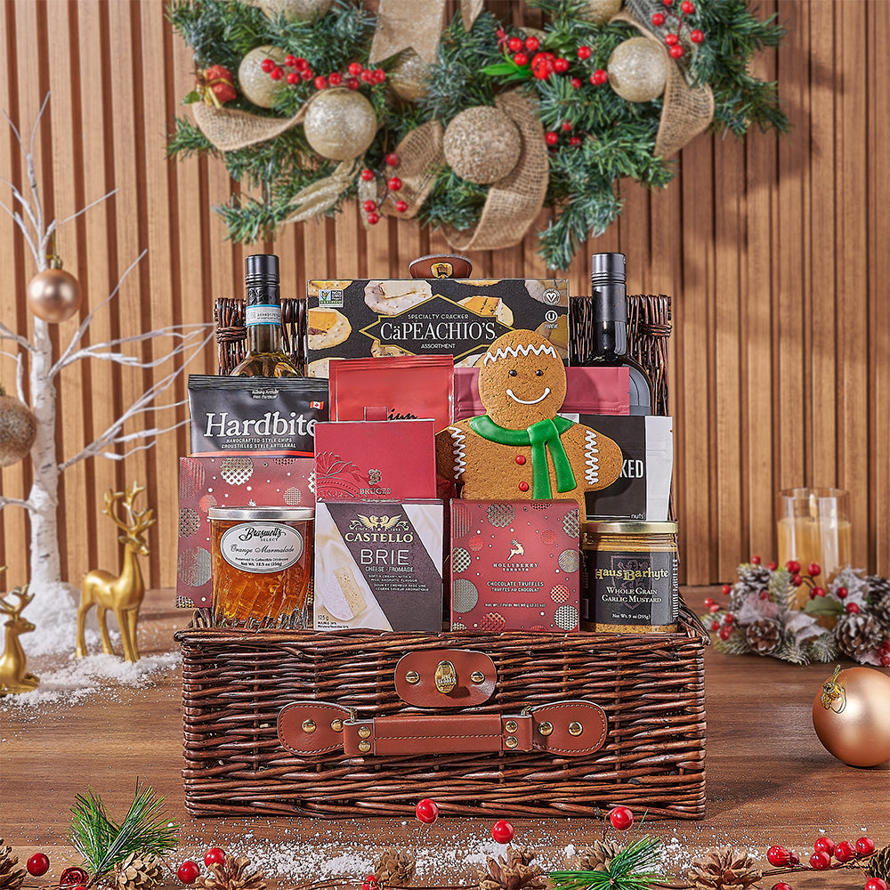 Luxury Wine and Gourmet Cookie Gift Basket in Wicker Picnic Basket – how the gift is presented