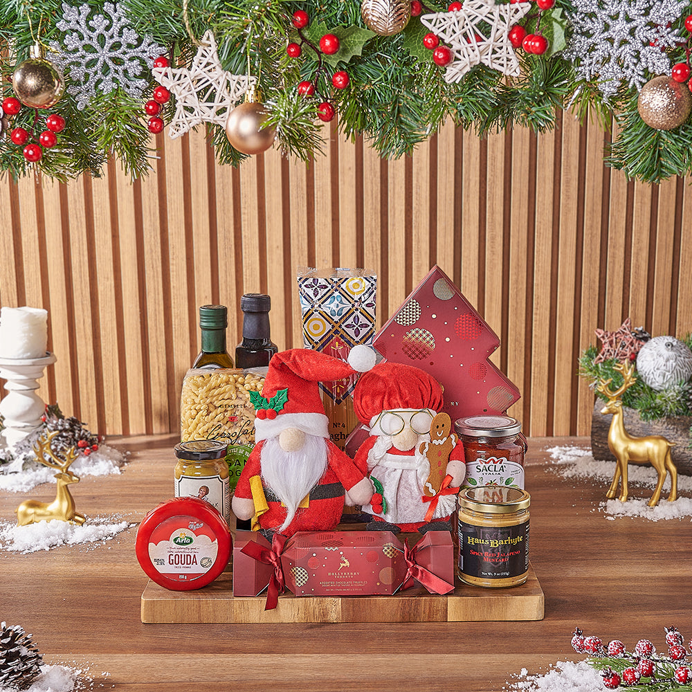 Holiday Gift Basket with Artisan Pasta, Cheese, and Chocolates – how the gift is presented