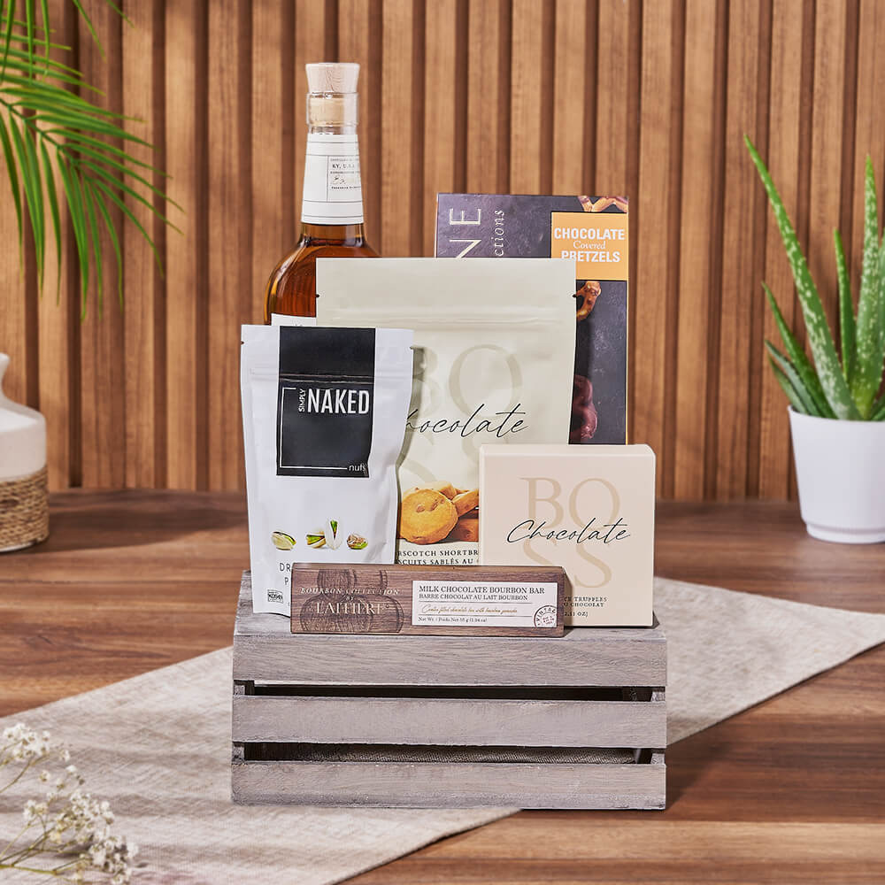 Premium Whiskey with Assorted Chocolates Gift Basket in Grey Wooden Crate – how the gift is presented