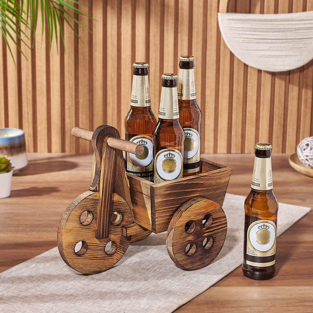Large Wooden Beer Gift Cart Featuring Four Bottles of Beer – how the gift is presented
