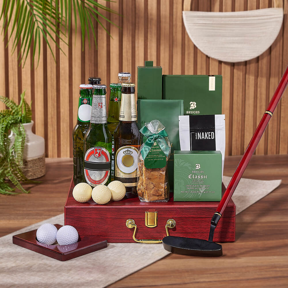 Premium Beer Gift Basket with Bruges White Truffles and Golf Putting Set – how the gift is presented