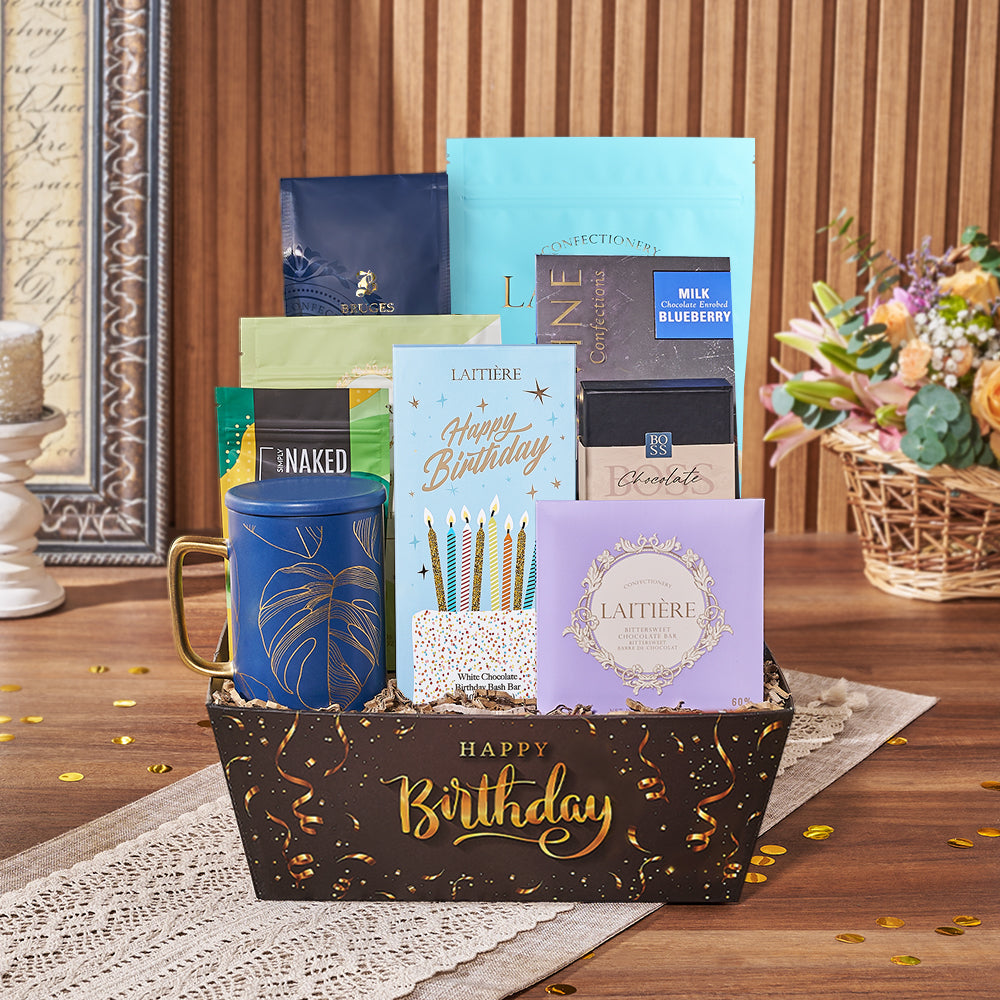 Birthday Chocolate and Coffee Gift Basket – how the gift is presented