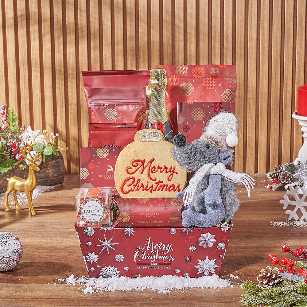 Merry Christmas Market Tray Sparkling Wine Gift with Holiday Snacks – how the gift is presented