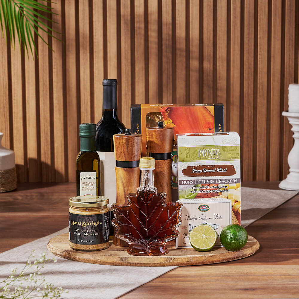 Premium Wine Gift Basket Featuring Pacific Salmon and Oak Serving Board – how the gift is presented