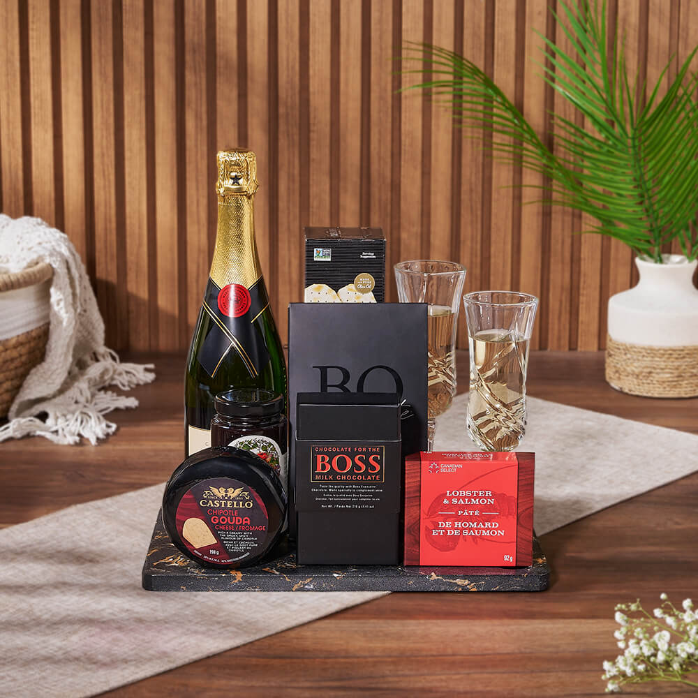 Sparkling Wine Gift Basket Featuring Fine Chocolates and Cheese – how the gift is presented