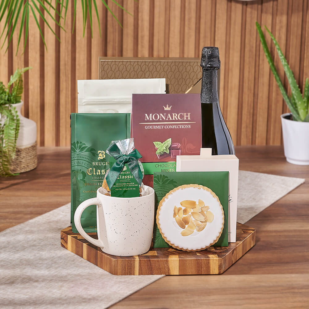 Sparkling Wine Basket Featuring Premium Chocolate Coffee Truffles and Cookies – how the gift is presented
