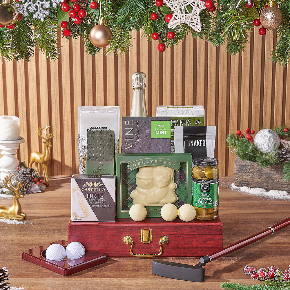 Holiday Sparkling Wine and Golf Gift Basket with Portable Putting Set – how the gift is presented