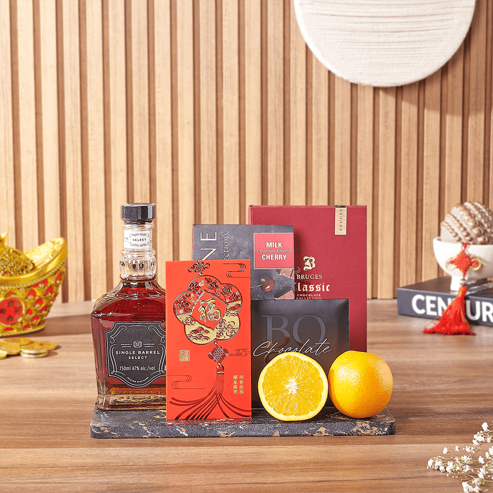 Lucky Spirits and Dark Chocolates Gift Set for Chinese New Year – how the gift is presented