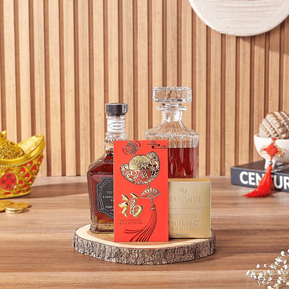 Monarch Chocolate and Liquor Gift Set with Live-Edge Board for Chinese New Year – how the gift is presented