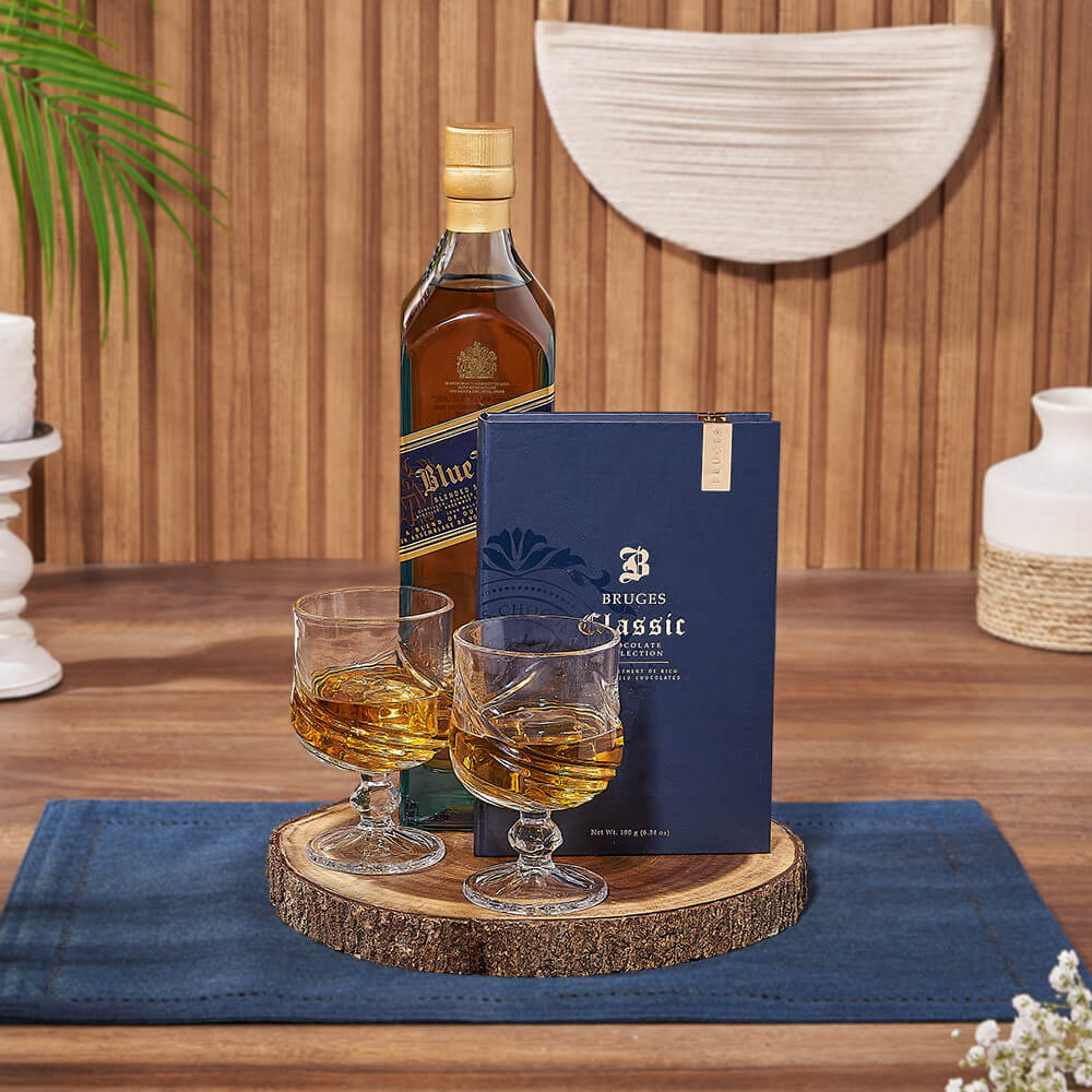 Whiskey Bottle and Chocolate Gift Basket – how the gift is presented