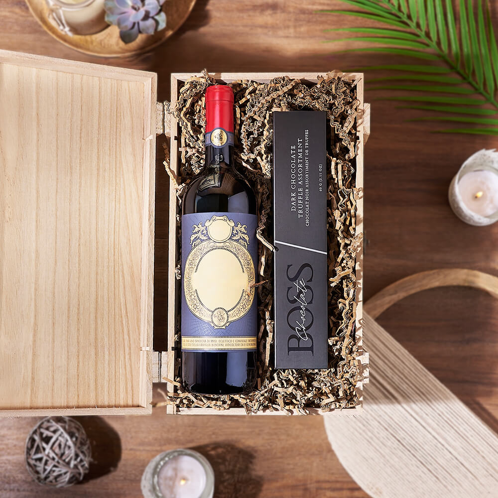 Dark Chocolate Truffles and Wine Box – how the gift is presented