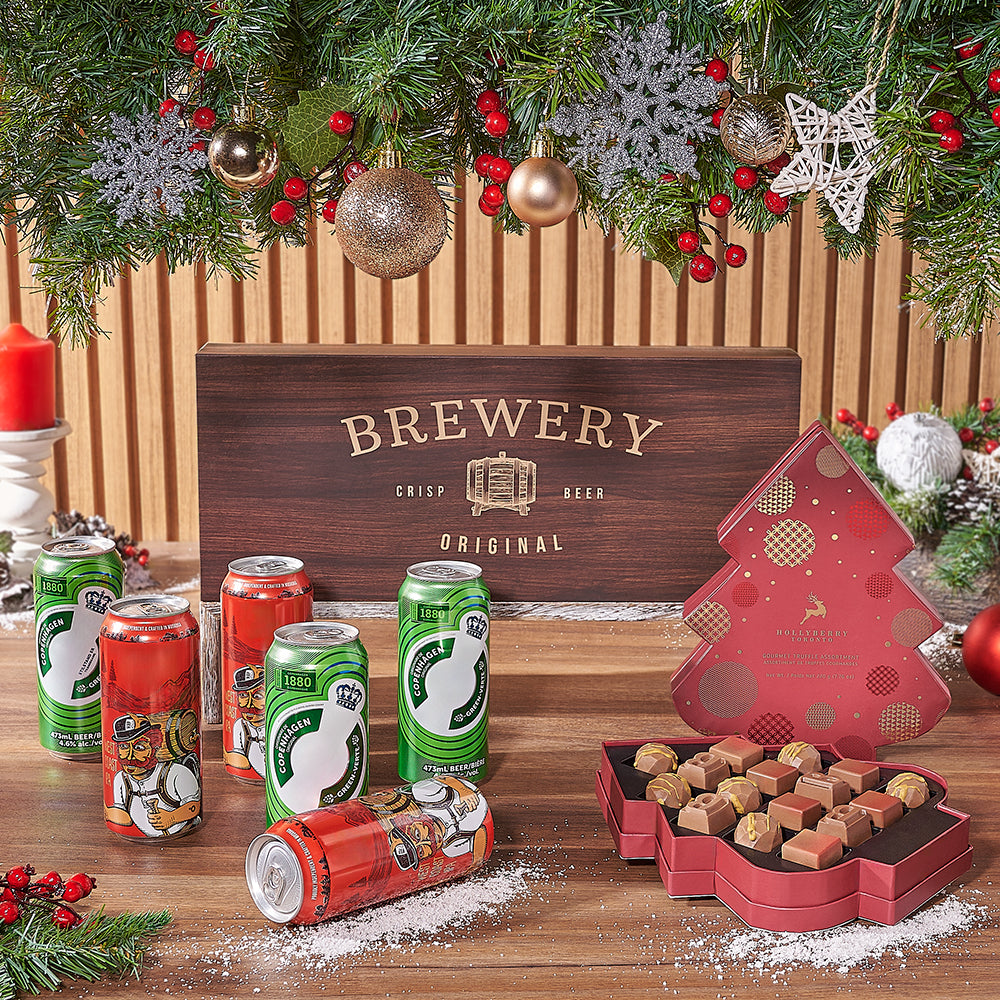 Holiday Beer Gift Basket with Craft Beers and Chocolate Truffles – how the gift is presented