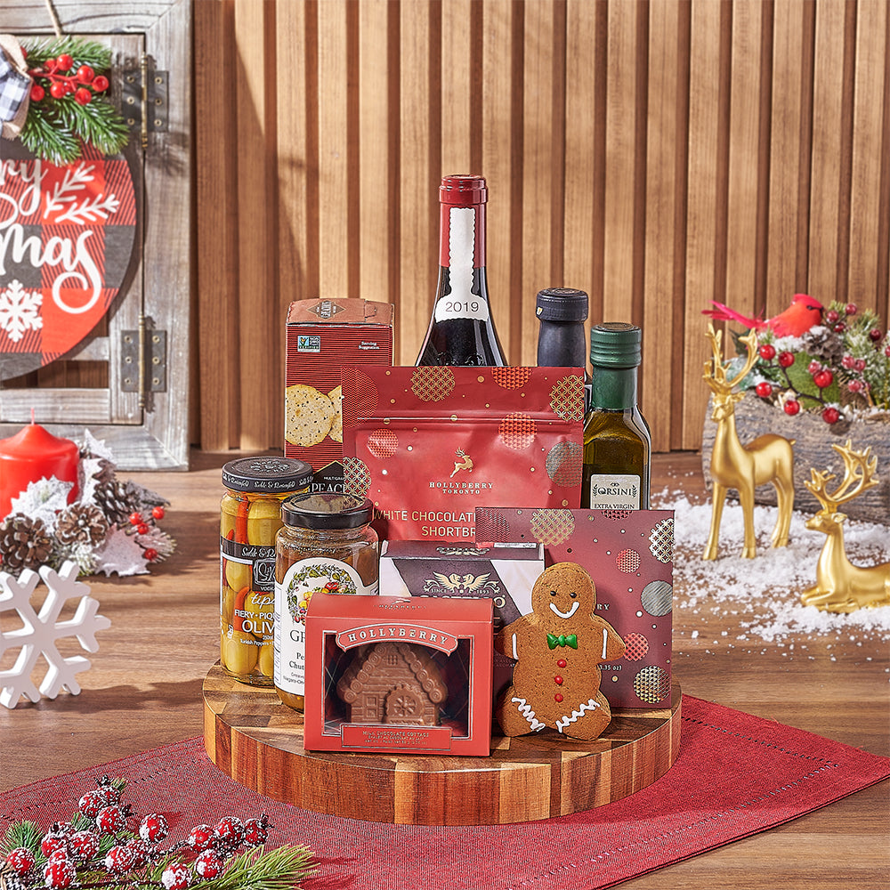 Holiday Red Wine Gift Board with Brie, Olives, and Chocolate Cottage – how the gift is presented