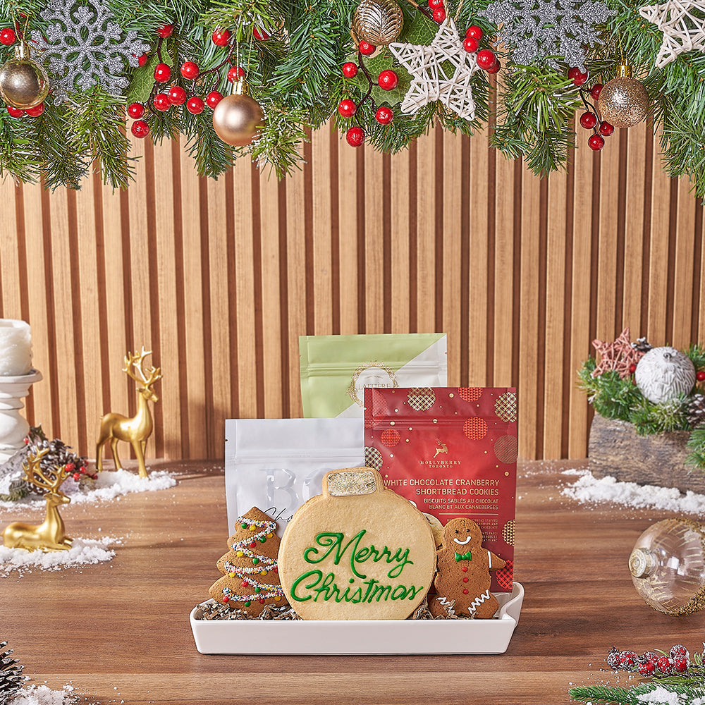 Festive Holiday Cookie Gift Basket with Ceramic Serving Platter – how the gift is presented