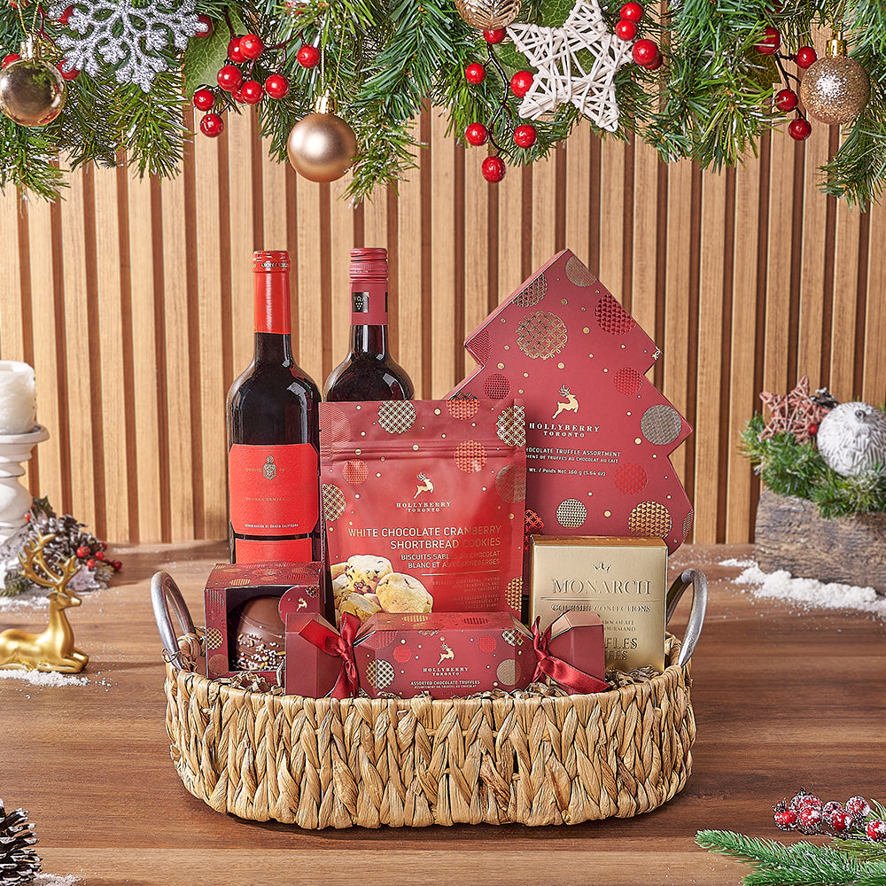 Festive Wine Basket with Two Bottles – how the gift is presented