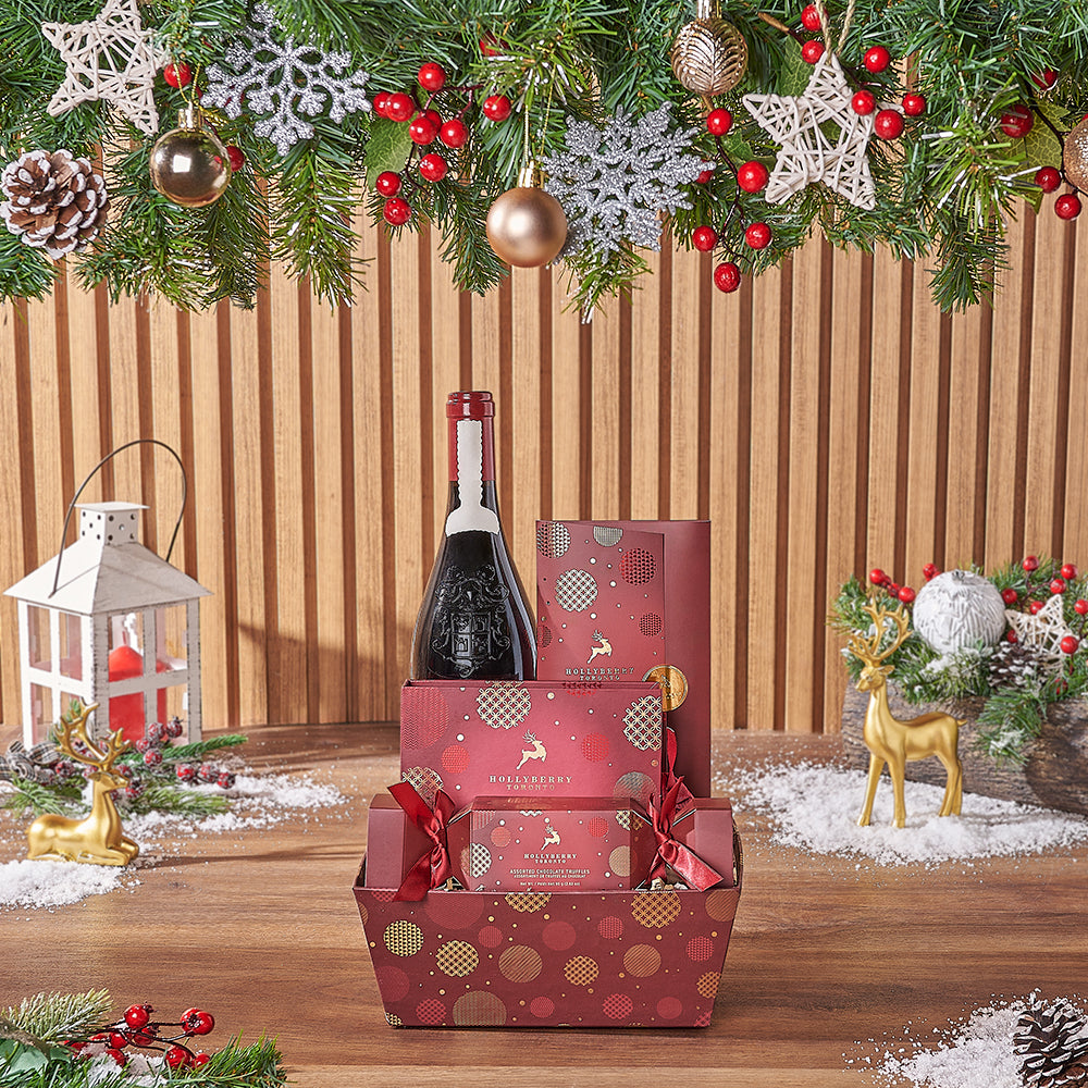 Holiday Red Wine and Hollyberry Chocolate Market Tray – how the gift is presented