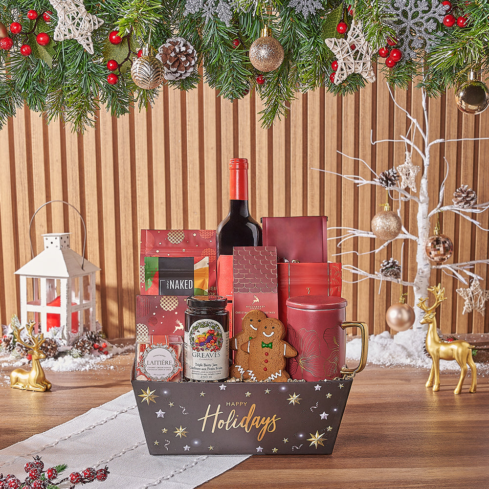 Christmas Gourmet Wine Gift Tray with Tea and Cookies – how the gift is presented