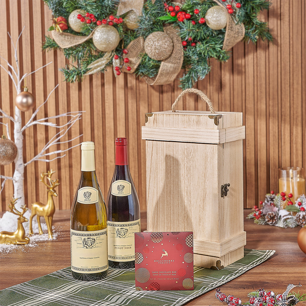 Elegant Wine Gift Box Featuring Two Wines and Hollyberry Dark Chocolate – how the gift is presented