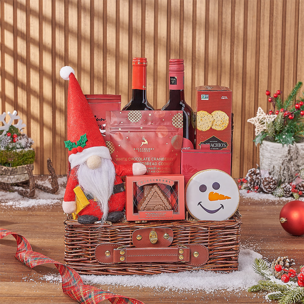 Small Wicker Picnic Basket with Two Bottles of Wine and Festive Treats – how the gift is presented