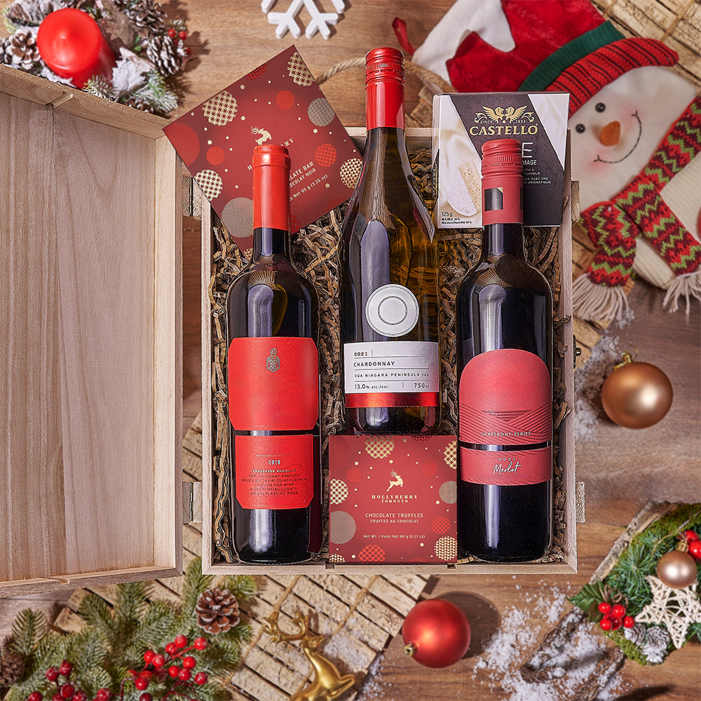 Festive Three-Bottle Wine Gift Basket with Brie and Chocolates – how the gift is presented