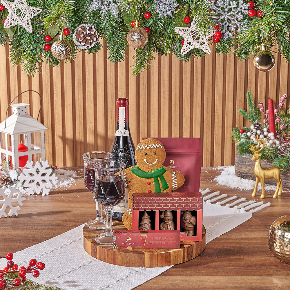Winter Holiday Wine Basket with Decorative Glasses and Gingerbread Cookie – how the gift is presented