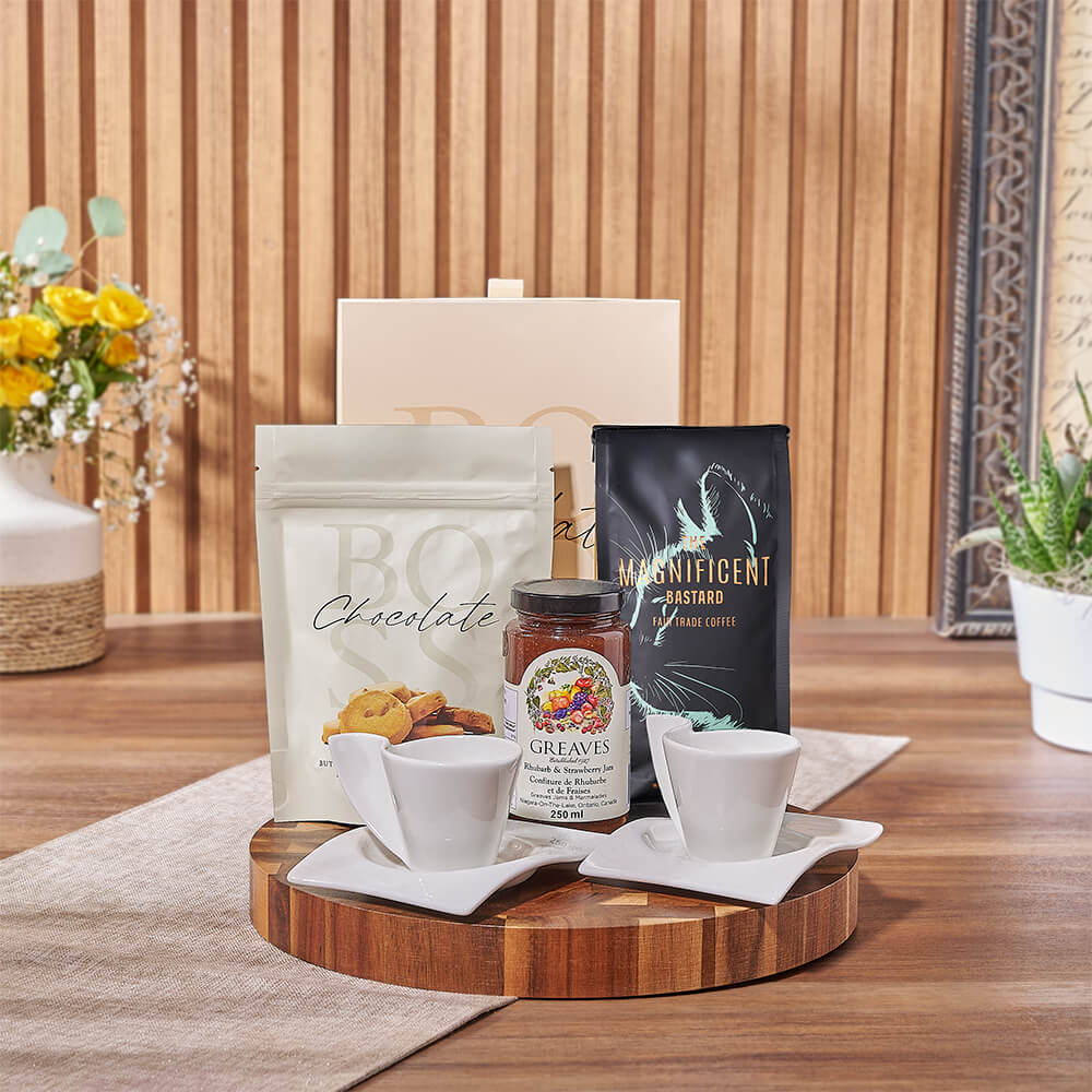 Luxury Chocolate and Truffle Gift Basket with Espresso Set – how the gift is presented