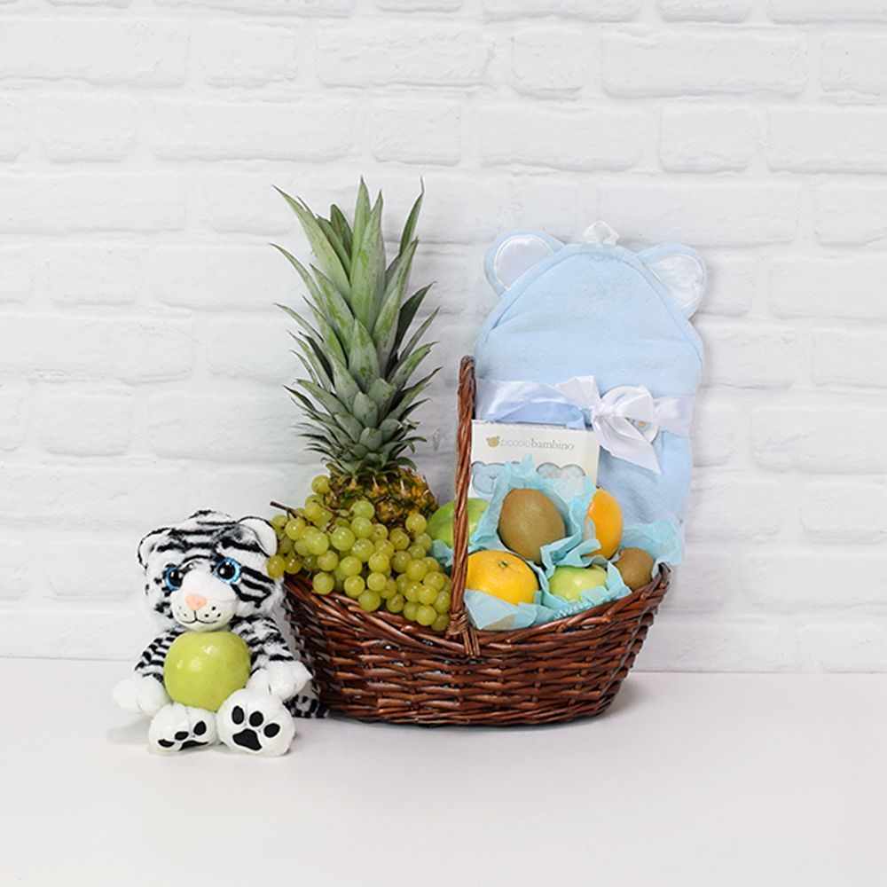 Baby Gift Basket with Plush Toy, Washcloths, and Seasonal Fruits – how the gift is presented
