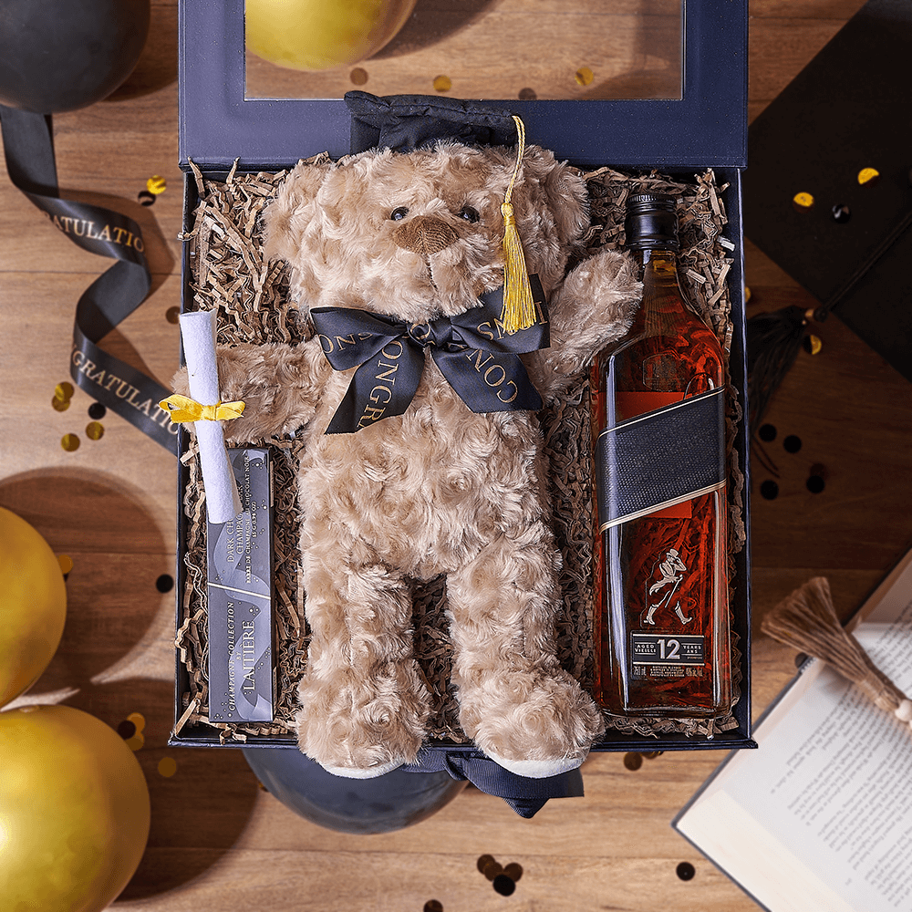 Graduation Gift Box with Whiskey, Chocolate Bar, and Teddy Bear – how the gift is presented