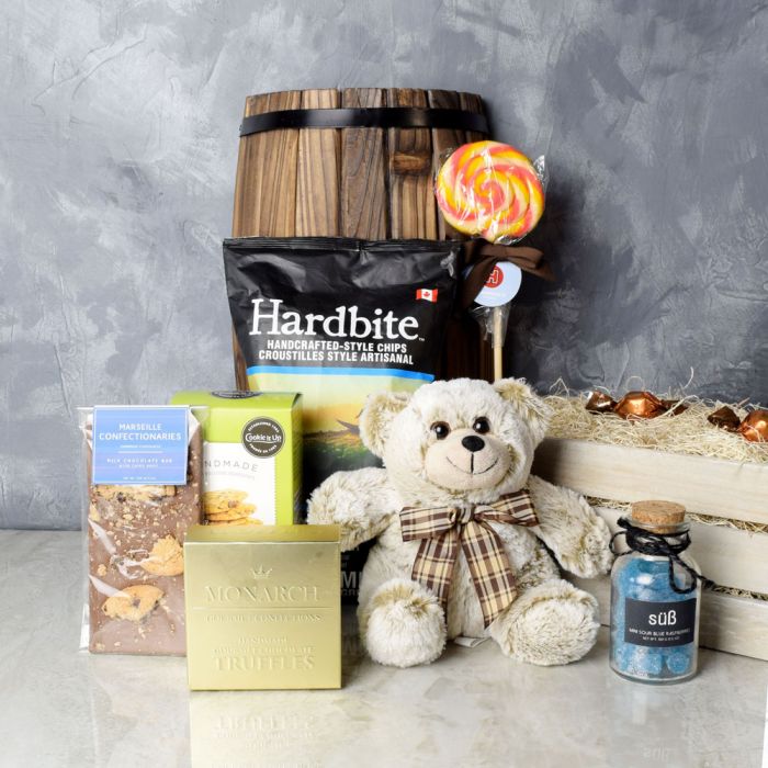 Durable Wood and Steel Crate with Plush Bear and Artisan Snacks – how the gift is presented
