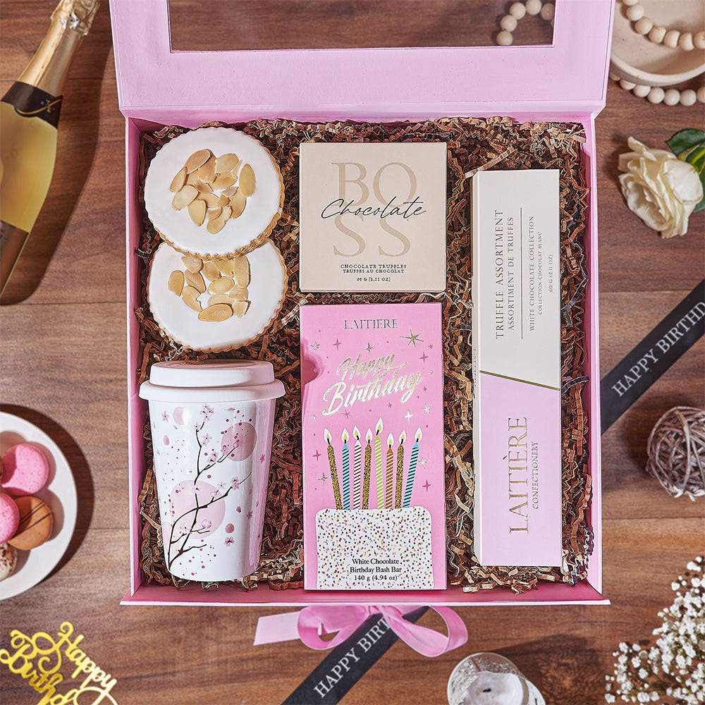 Pink Hinged Birthday Gift Box Including White Travel Cup and Gourmet Chocolates – how the gift is presented