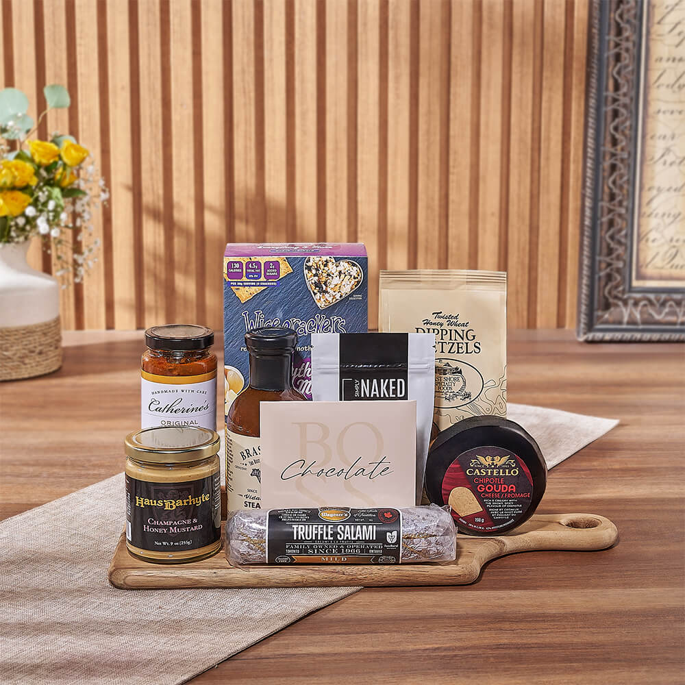 Deluxe Snack and Cheese Gift Board with Wooden Presentation – how the gift is presented