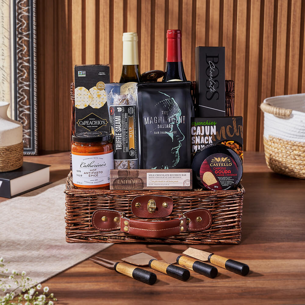 Elegant Two-Bottle Wine and Gourmet Delicacies Gift Basket – how the gift is presented