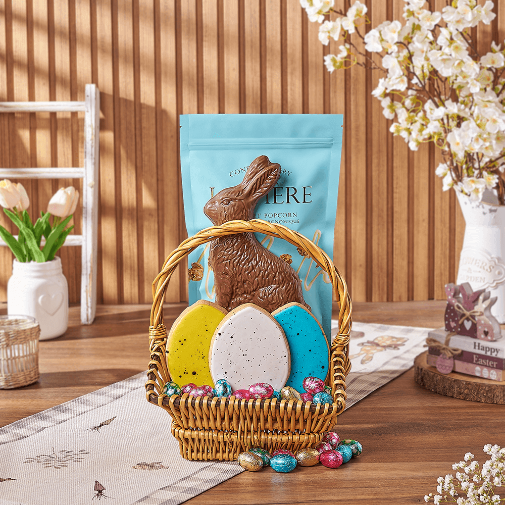 Elegant Easter Chocolate Gift Basket with Gourmet Treats – how the gift is presented