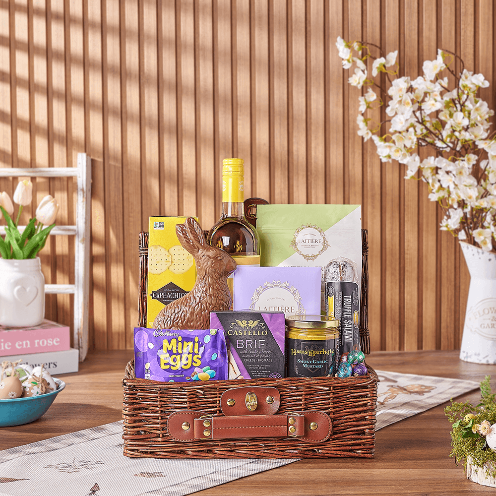 Easter Wine Picnic Basket, easter gift, easter, wine gift, wine, chocolate gift, chocolate, Boston delivery