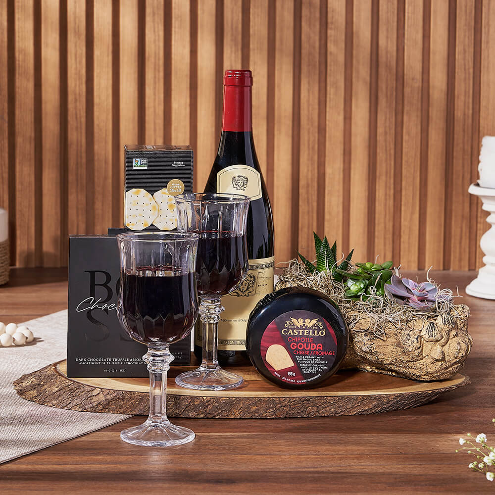 Wine Basket with Succulent Garden – how the gift is presented