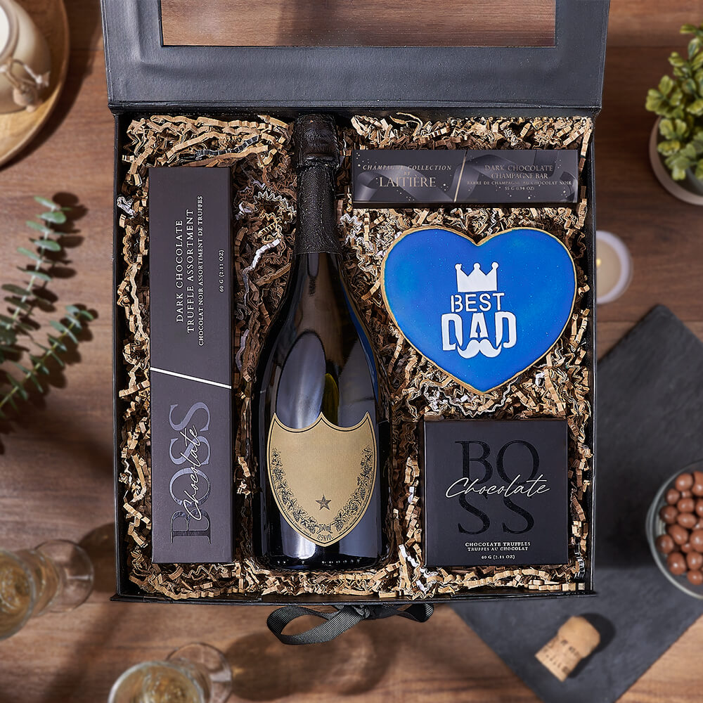 Black Folding Box of Sparkling Wine with Gourmet Chocolates for Father's Day – how the gift is presented